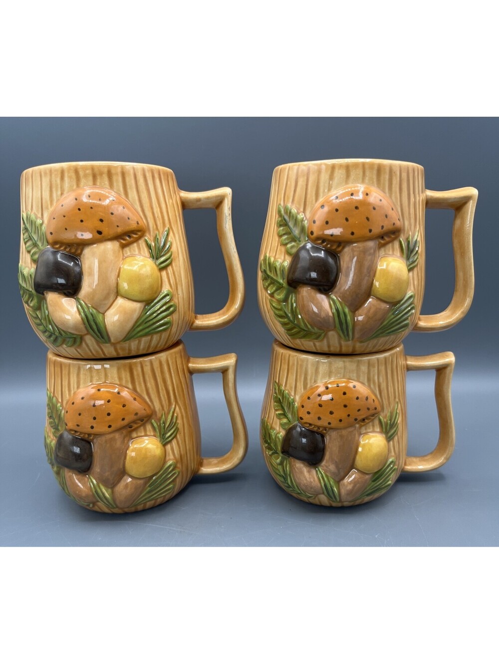 Vintage Arnels Mushroom Mugs Set of 4 Ceramic Woodgrain 1970s Retro Cottagecore
